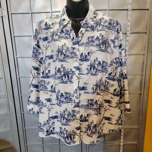 Chico's wrinkle resistant size 3 (16) long sleeve shirt. White w/blue sea design